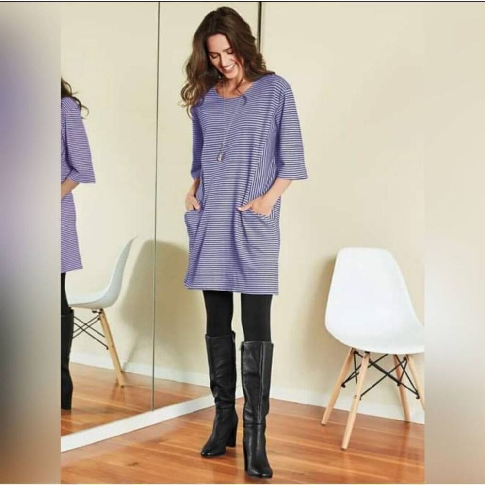 Blue Canoe Shirt‎ Dress Womens Medium Purple And Black Striped Half Sleeve Scoop